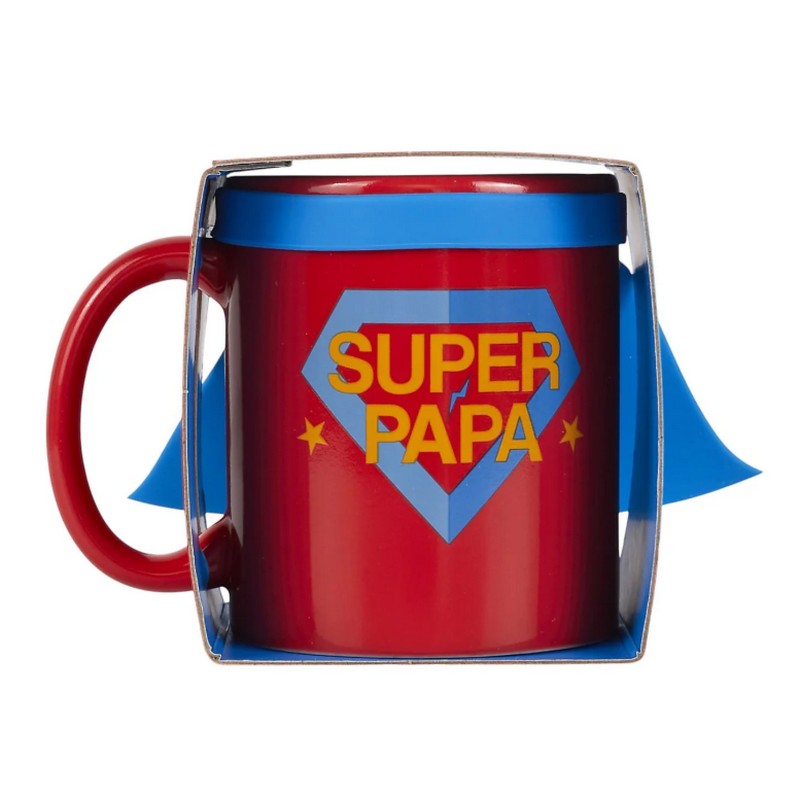Tazza mug in ceramica decorata con mantello e scritta “Super Papà” in stile supereroe, una fantastica idea regalo per i papà!
